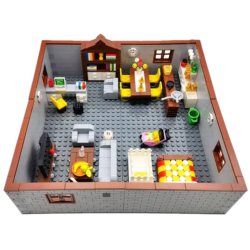 A detailed city house building gray and brown cozy apartment made of house building blocks for room furniture set