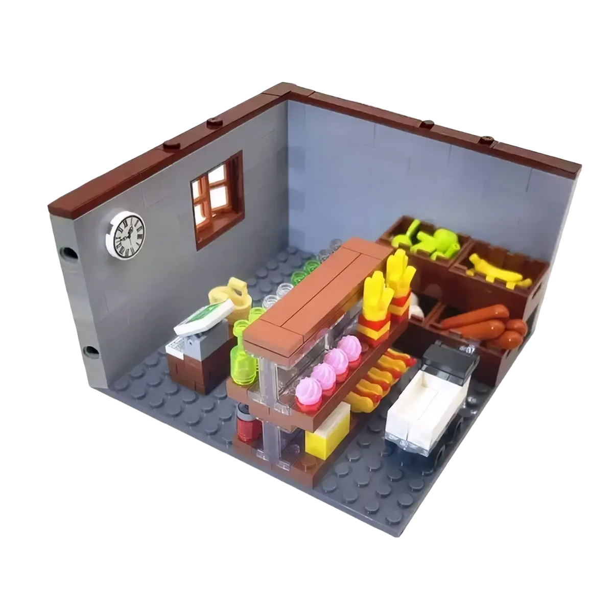 Detailed city house building block set featuring a miniature grocery store interior with gray walls and colorful food items