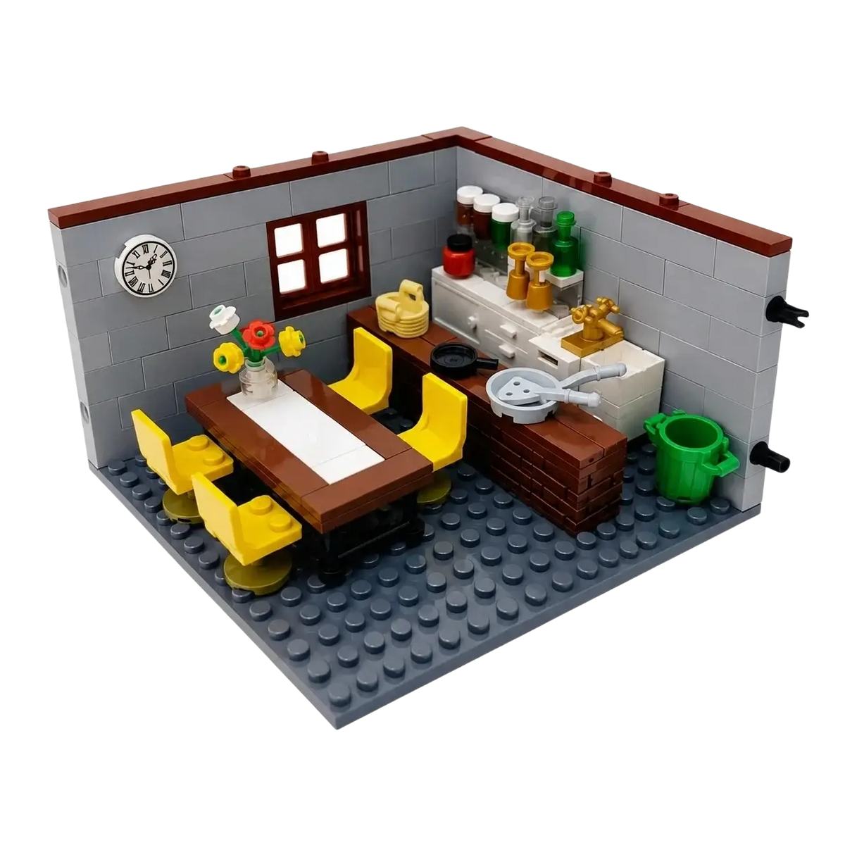 Gray brick wall with brown window frame, white clock, and red-yellow flowers in house building blocks city room set