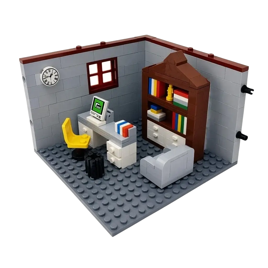 Gray brick wall with red trim and white clock in house building blocks city room furniture set for city house building