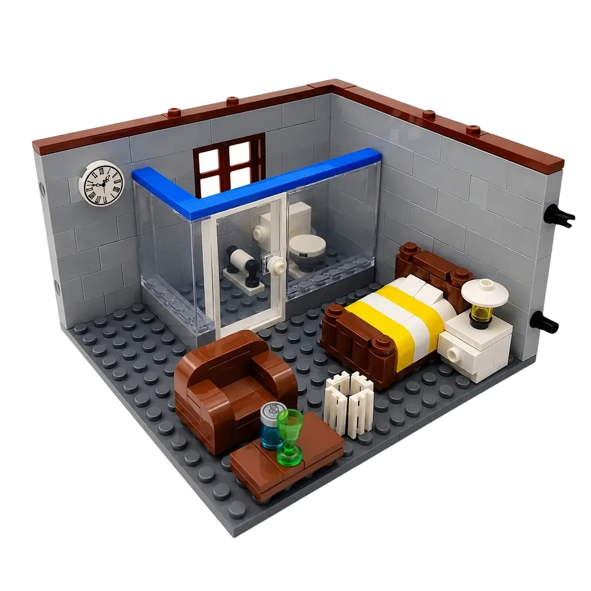 Gray brick wall with brown trim and a white clock in a house building blocks city room furniture set display