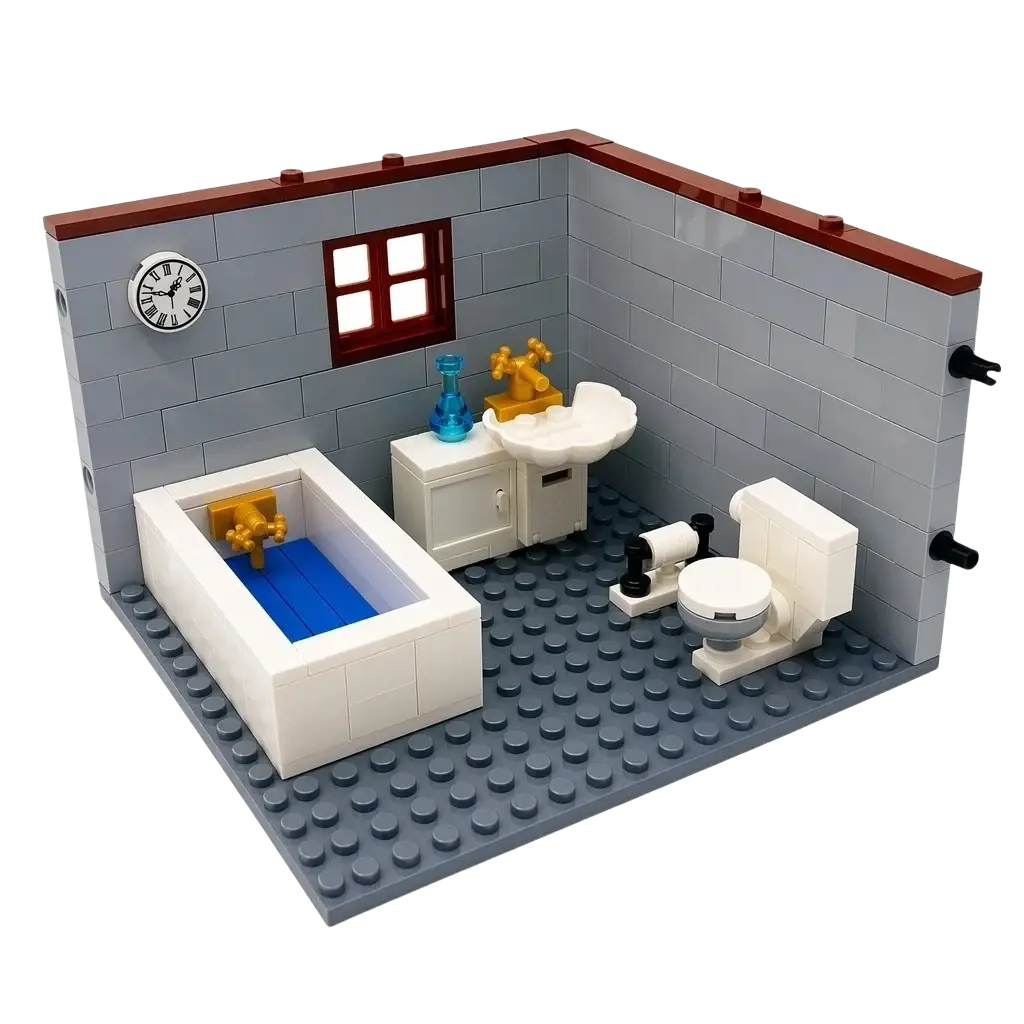 Gray brick-walled lego bathroom set with white fixtures blue bathtub and gold faucets for city house building blocks