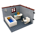 Gray brick-walled lego bathroom set with white fixtures blue bathtub and gold faucets for city house building blocks
