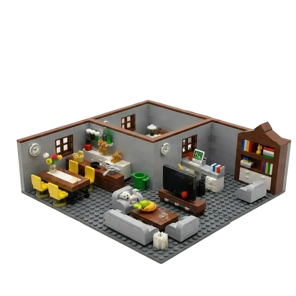 Gray and brown house building blocks set featuring detailed city room furniture and appliances for miniature living room display