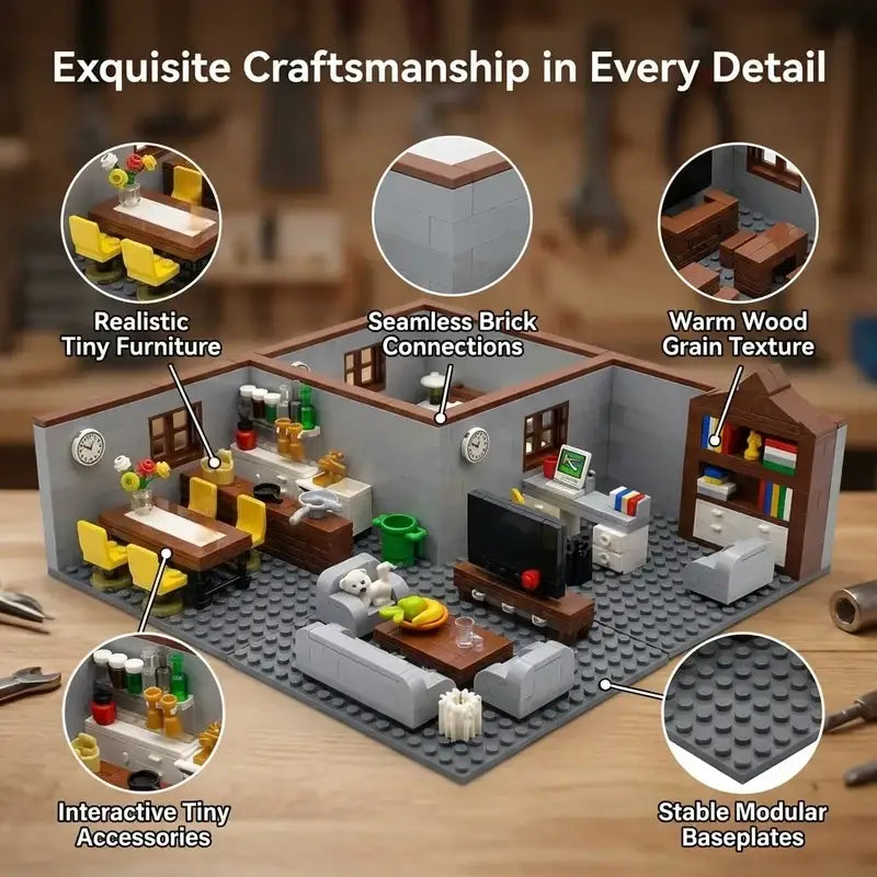 Gray and brown lego city house building blocks miniature living room set with detailed furniture and warm wood grain texture
