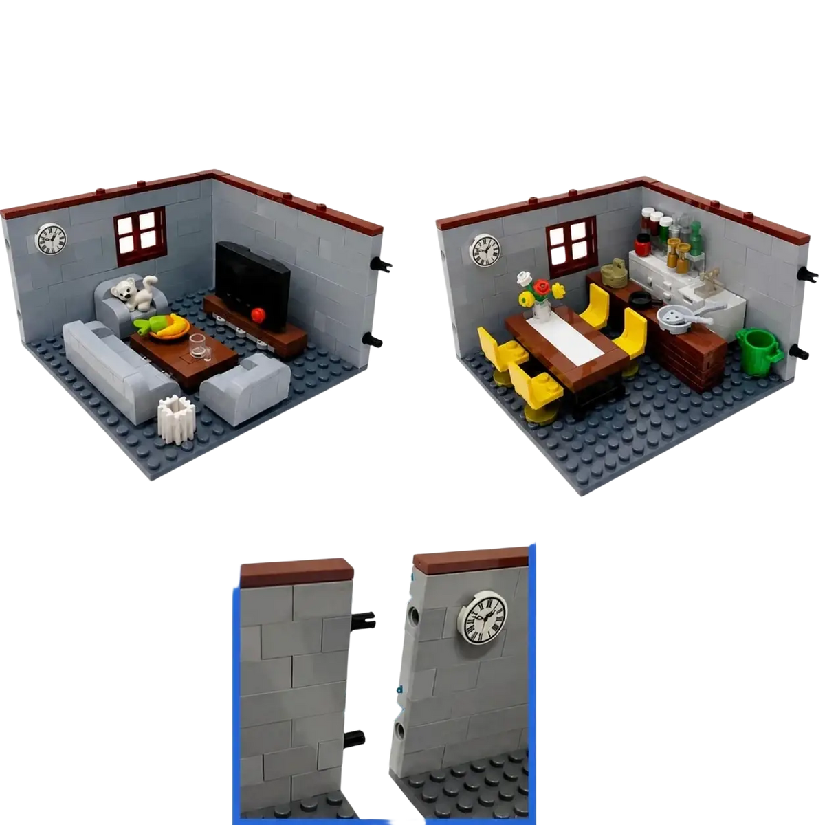 Gray and brown house building blocks city room furniture set with gray sofa tv white dog and yellow dining chairs