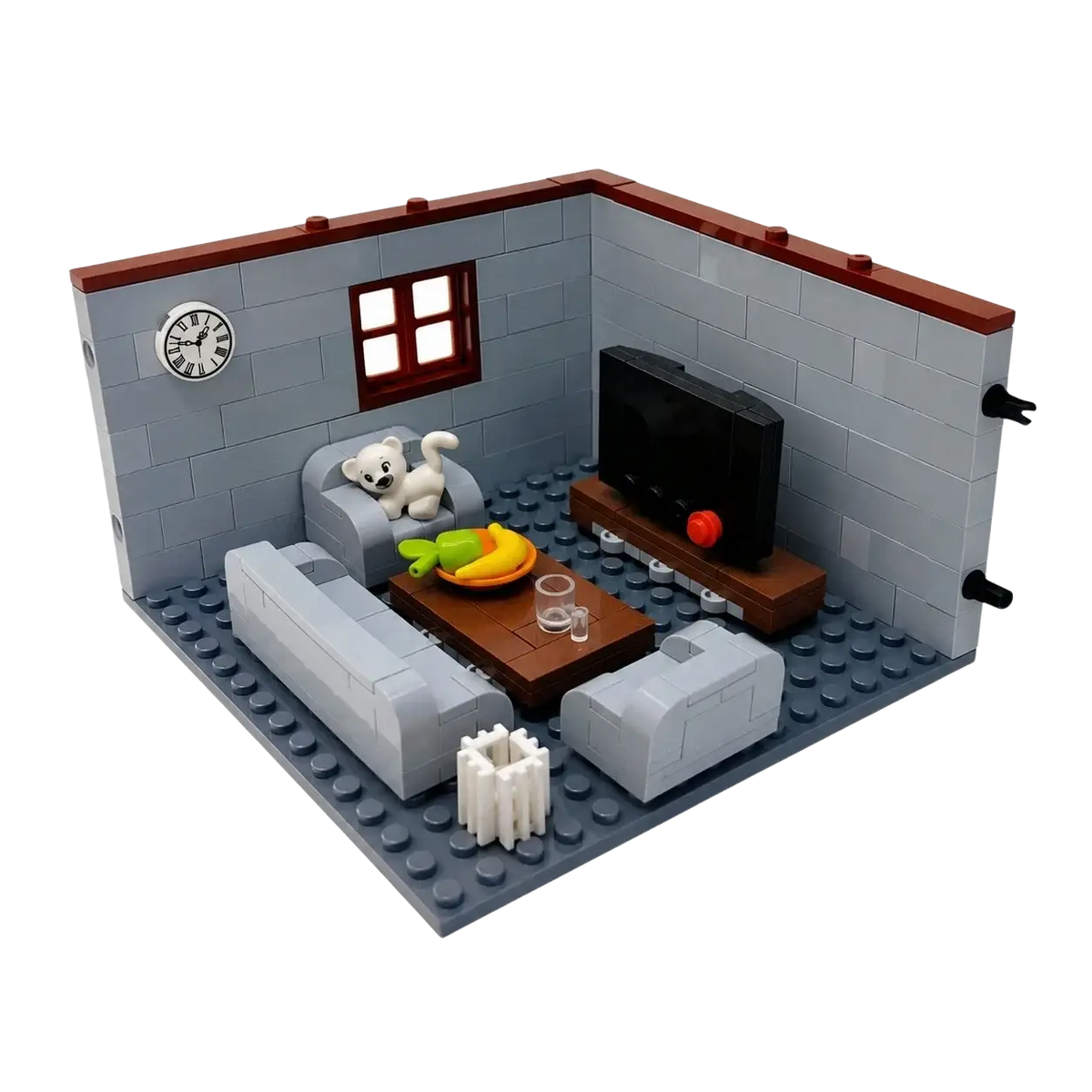 Gray lego city house building living room set with white stuffed dog on armchair and brown wooden furniture blocks