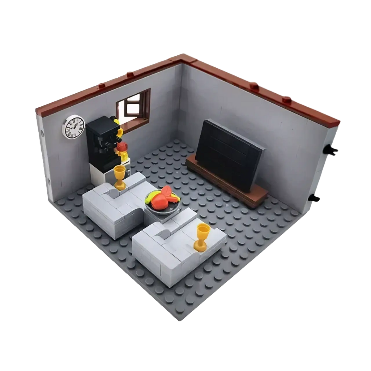 Gray city house building blocks living room set with brown trim black tv on wooden stand and white furniture pieces