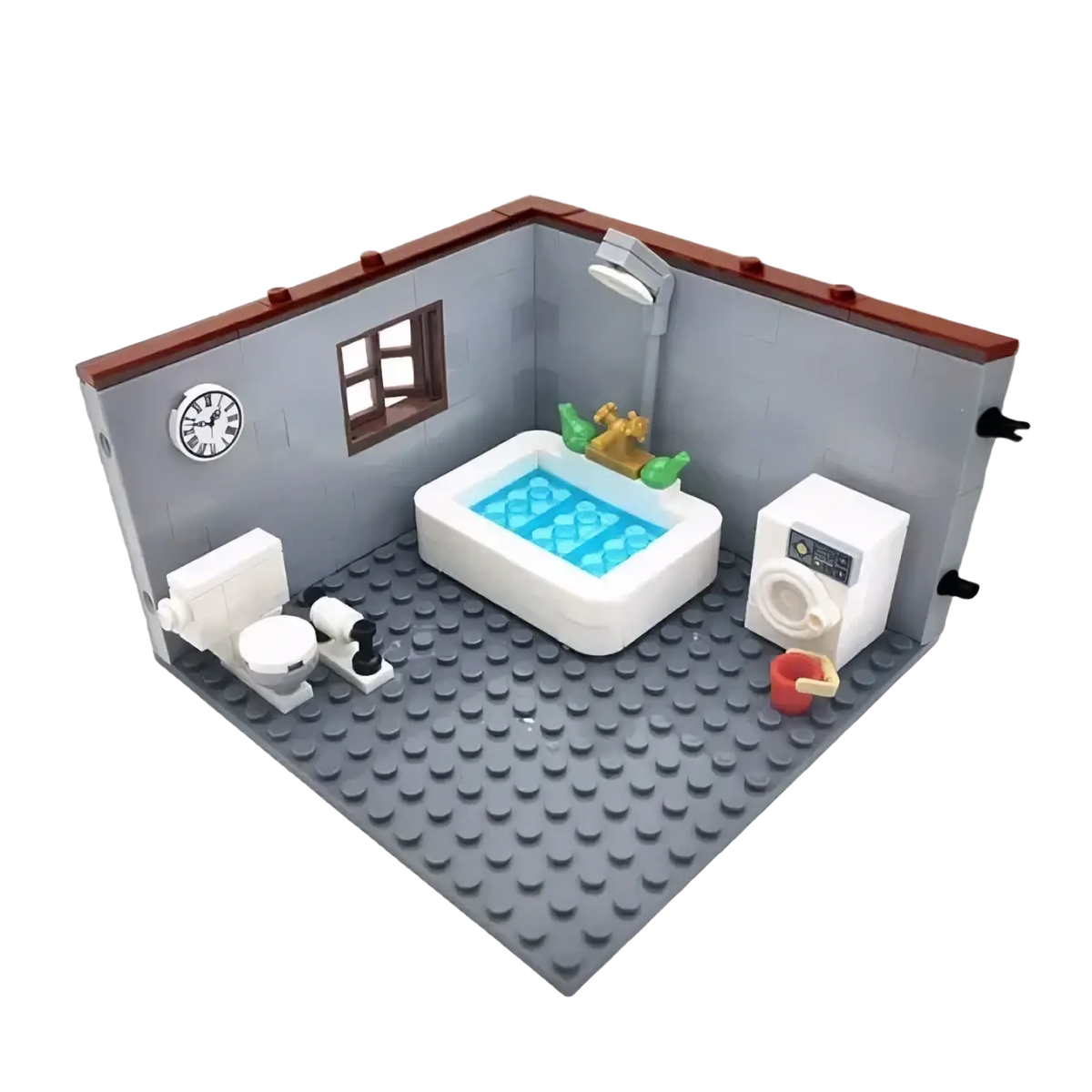 Gray lego bathroom building blocks set with white bathtub and green yellow figurines for city house building