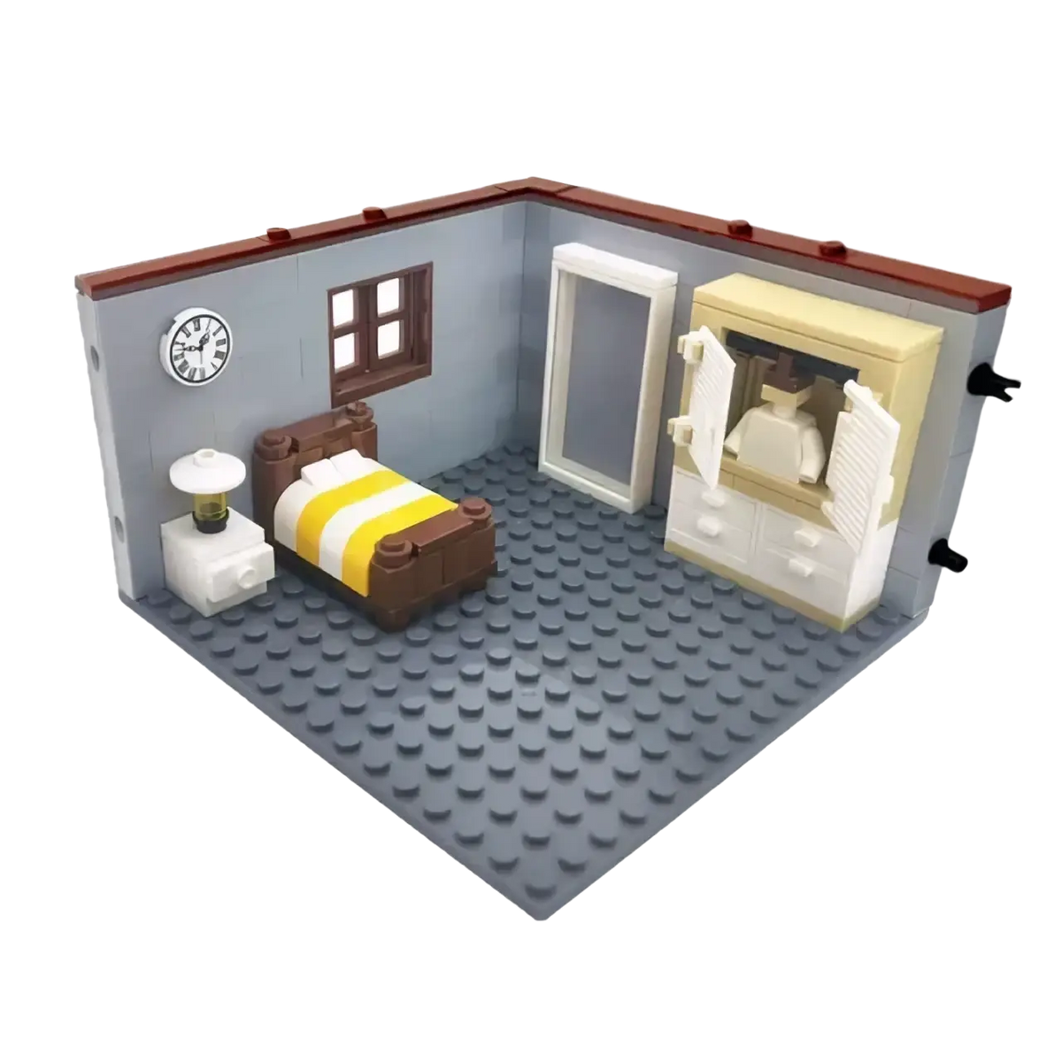 Gray lego bedroom set with brown bed and striped bedding and beige wardrobe for city house building blocks collection