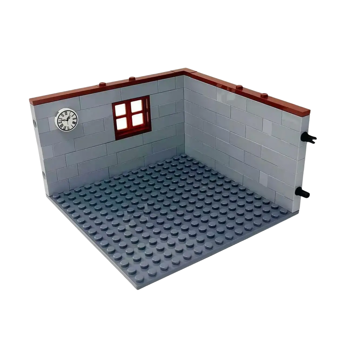 Gray lego brick corner room from house building blocks city room furniture set with red window frame and white clock on wall