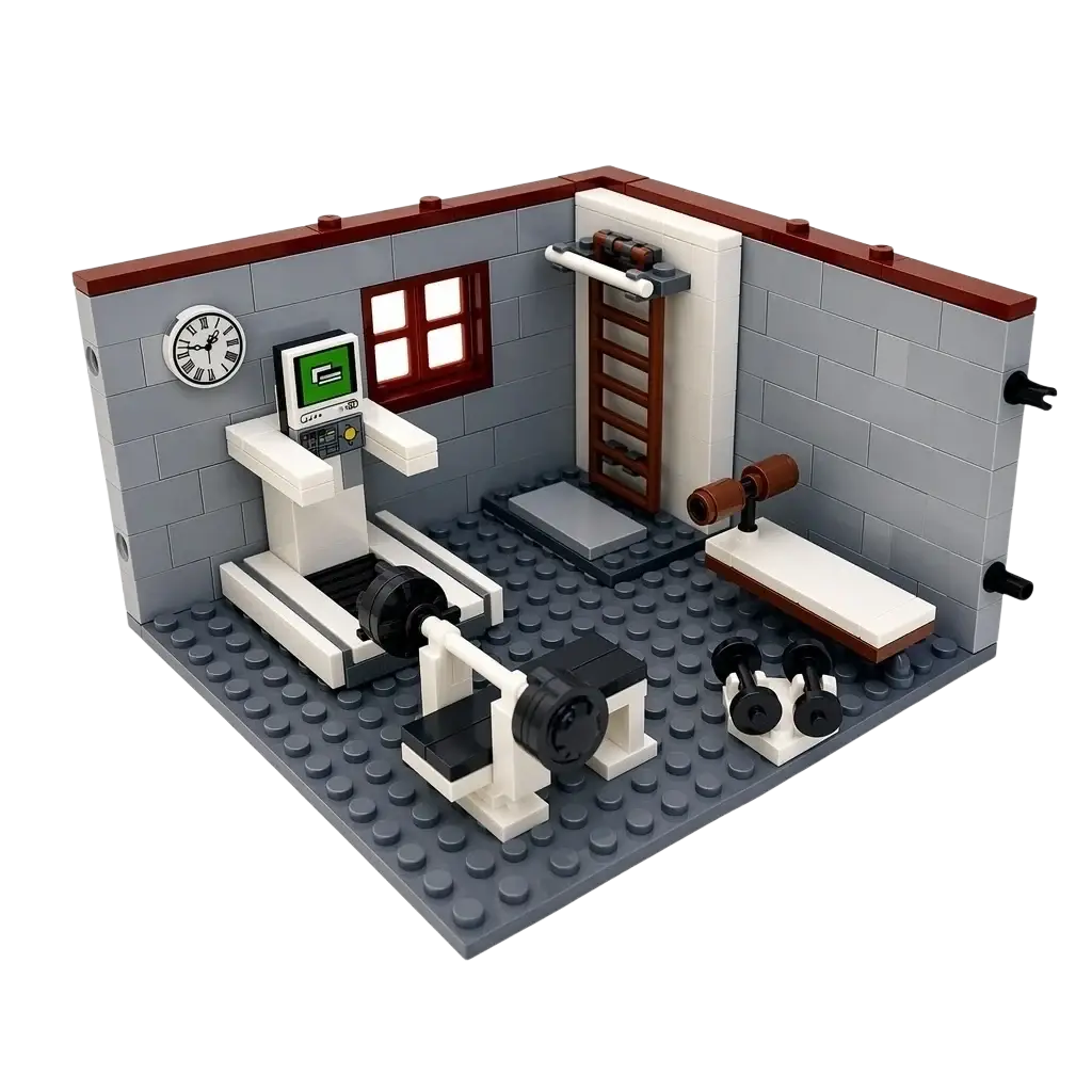 Gray and white lego city house building blocks gym set with treadmill dumbbells weight bench and wall-mounted clock