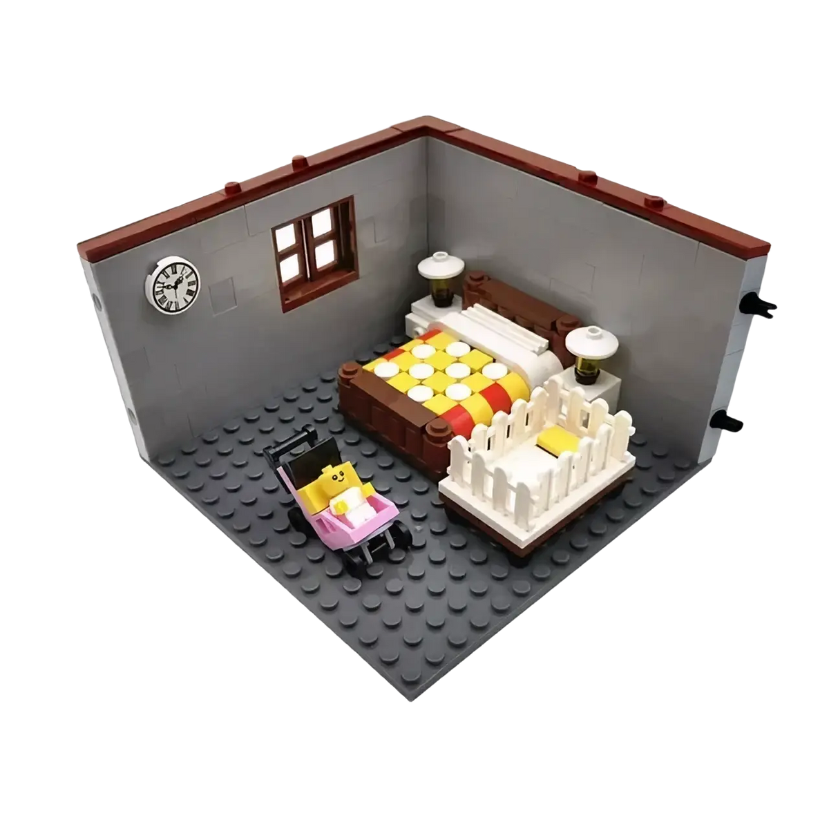 A lego city house building bedroom set with brown bed, yellow red checkered bedding, white nightstands, and gray walls