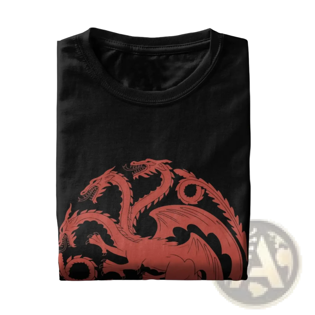Black cotton t-shirt featuring a bold red three-headed dragon graphic from House of Targaryen men collection