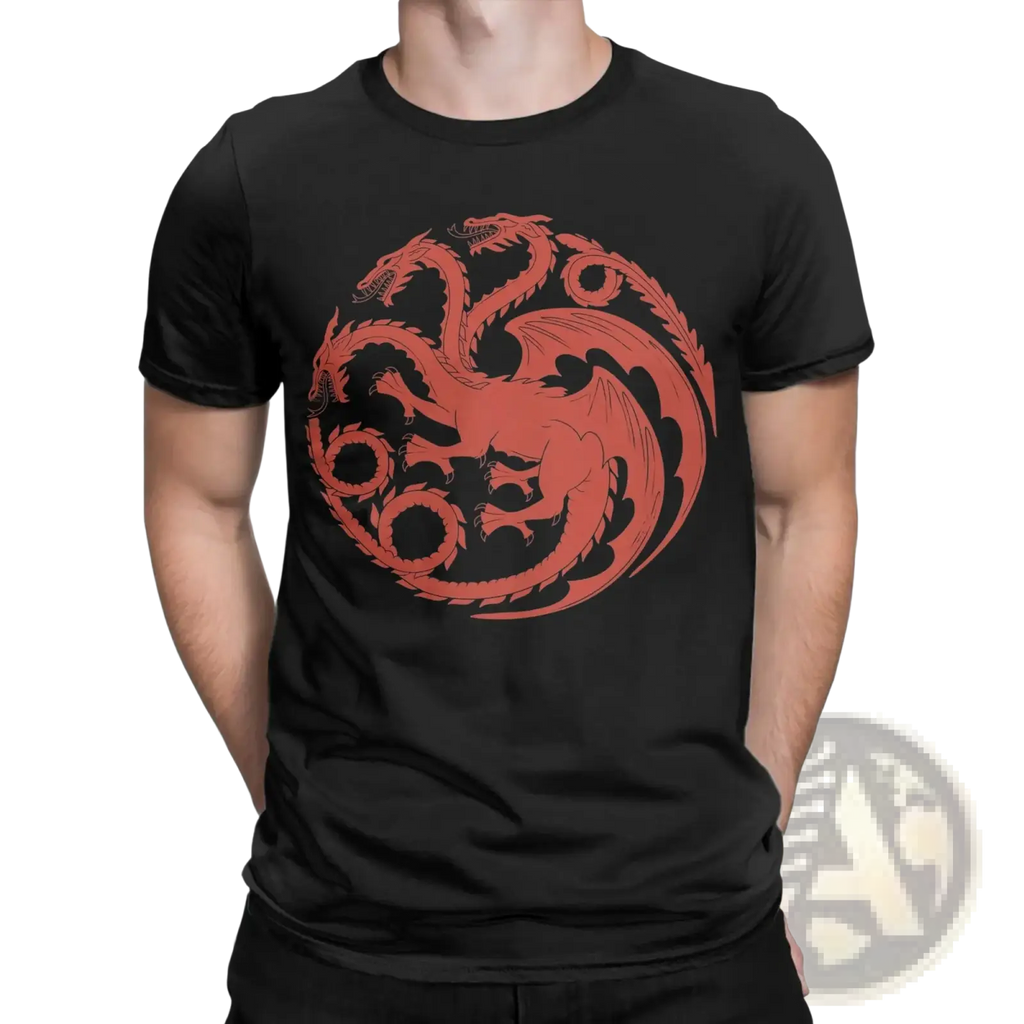 Black short-sleeved cotton House of Targaryen Dragon men t-shirt featuring a bold red three-headed dragon emblem