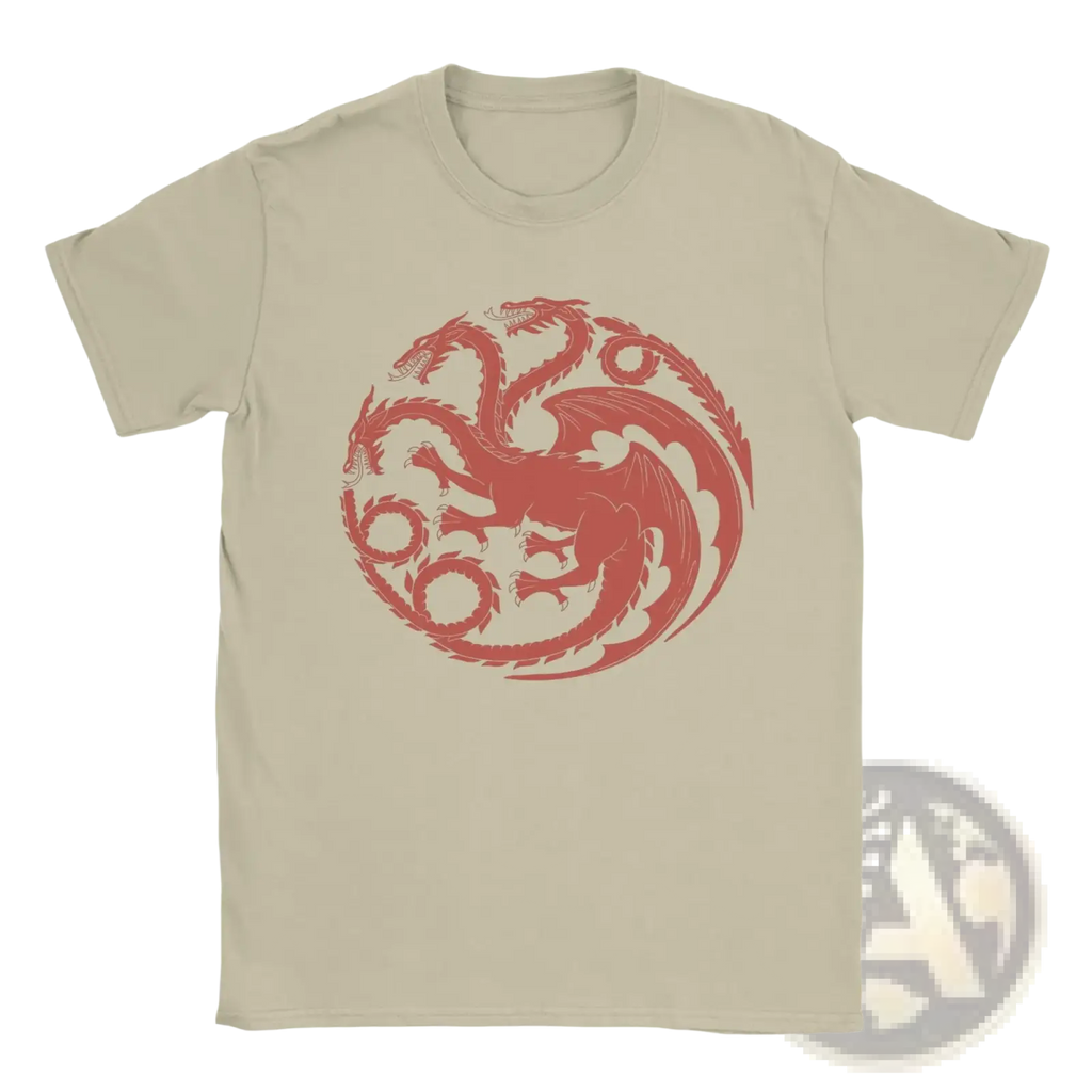 Beige cotton House of Targaryen Dragon men t-shirt with a bold red three-headed dragon emblem on the front