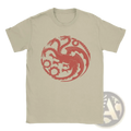 Beige cotton House of Targaryen Dragon men t-shirt with a bold red three-headed dragon emblem on the front