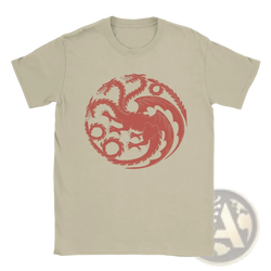 Beige cotton House of Targaryen Dragon men t-shirt with a bold red three-headed dragon emblem on the front
