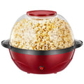 850w electric dome popcorn maker with red dome, clear glass top, black handles, filled with freshly popped kernels