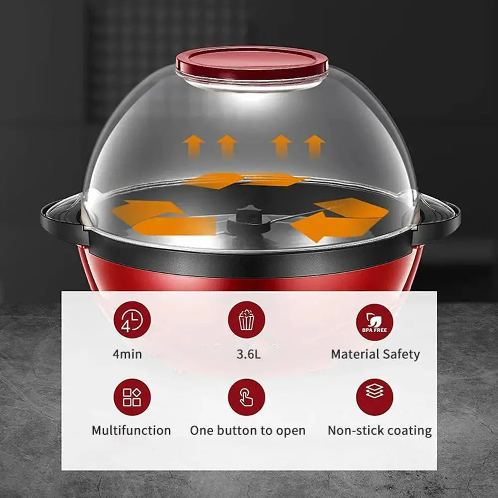 850w electric dome popcorn maker with clear lid featuring a red and transparent dome and a black base
