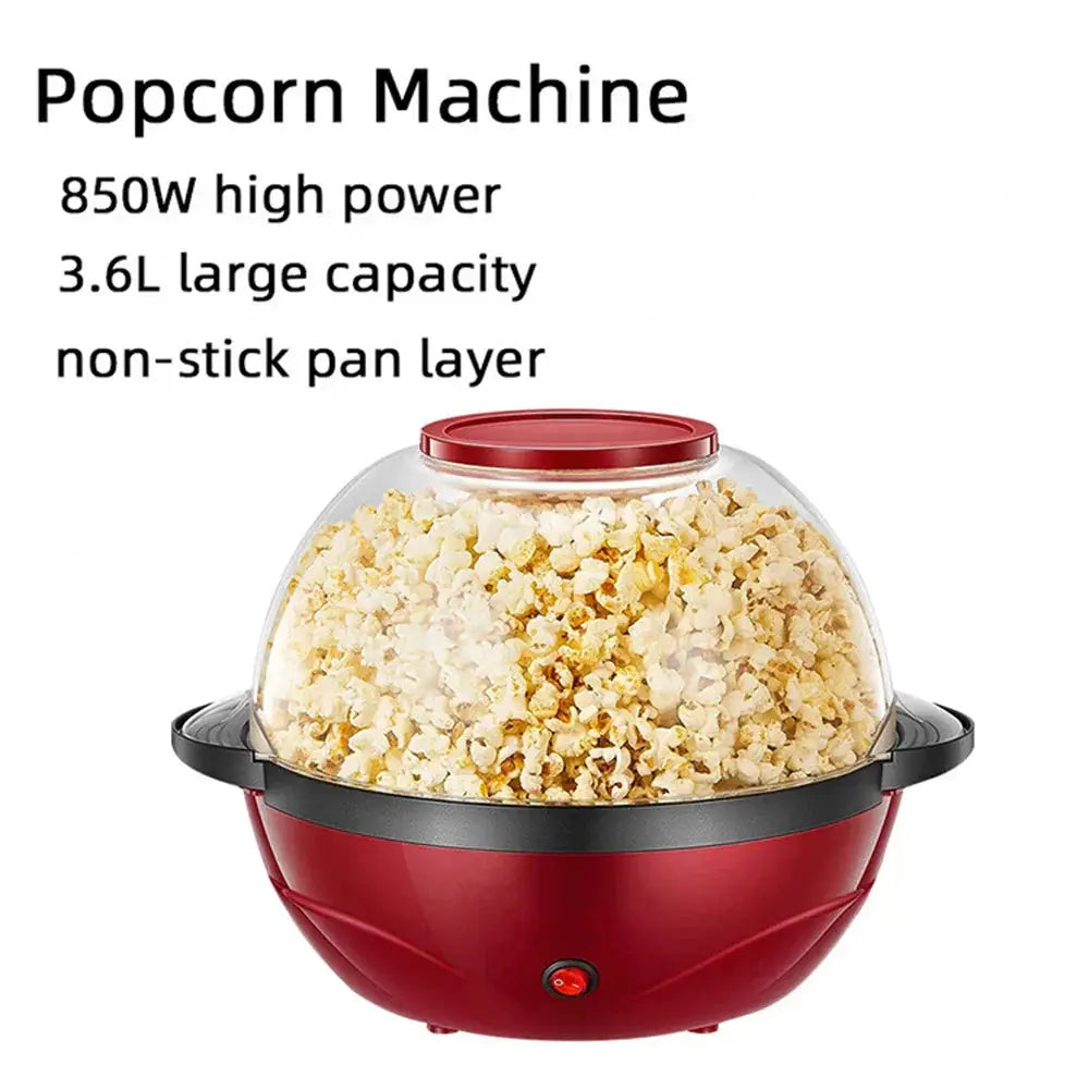 Red 850w electric dome popcorn maker with clear lid black accents and non-stick pan layer for easy popping