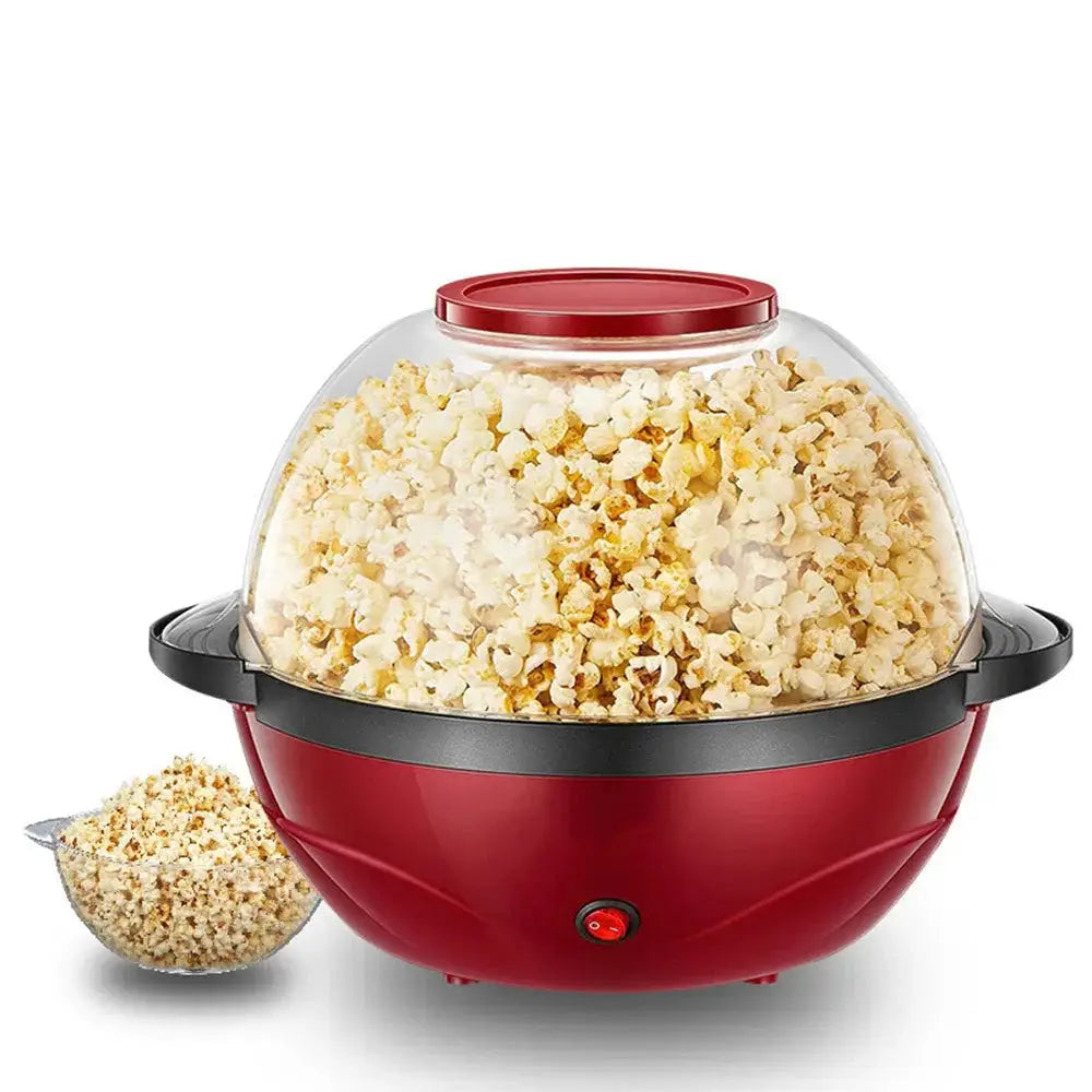 850w electric dome popcorn maker with clear glass lid red dome shape black accents filled with popcorn