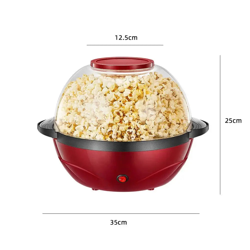 850w electric dome popcorn maker with red electric popper, clear dome lid, black base, filled with popped kernels