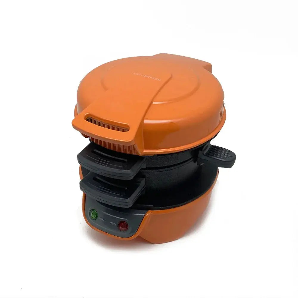 Multifunctional orange and black breakfast sandwich and waffle maker with a rounded lid handle and control buttons