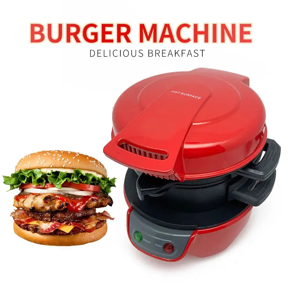 Multifunctional breakfast sandwich and waffle maker in red and black with a glossy finish and electric operation
