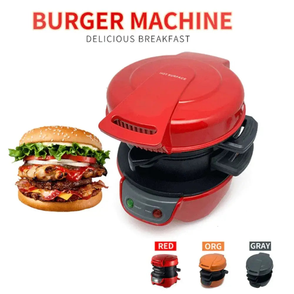Red plastic multifunctional breakfast sandwich and waffle maker with black and gray accents for versatile cooking