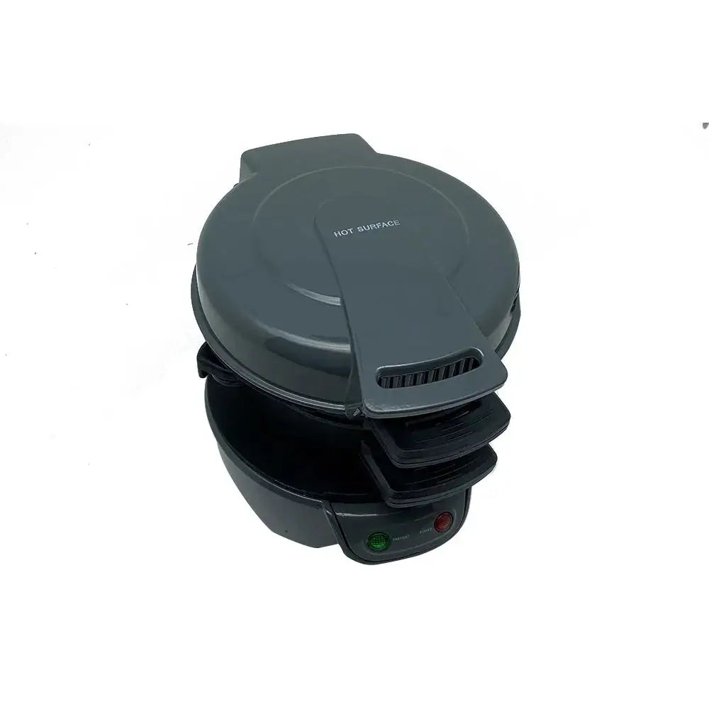 Dark gray circular multifunctional breakfast sandwich and waffle maker with hinged lid and control buttons on the base