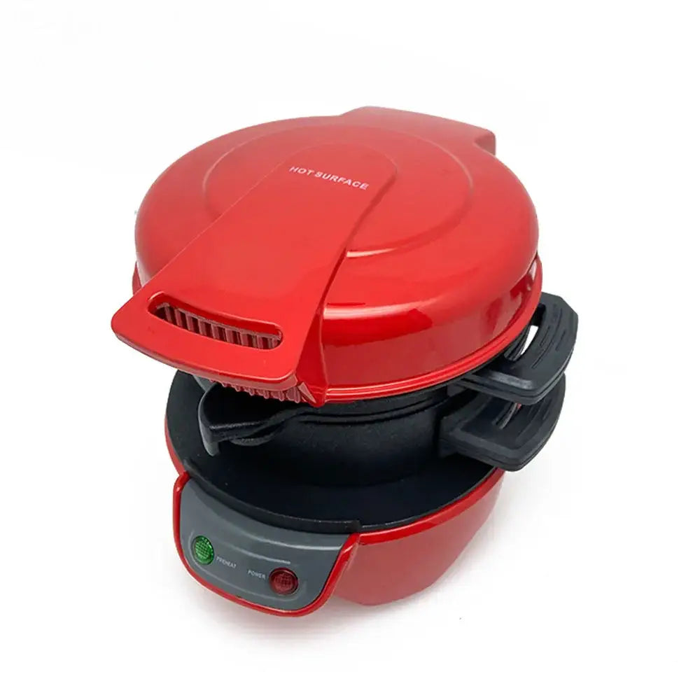 Red and black multifunctional breakfast sandwich and waffle maker with glossy finish hinged hot surface lid and front control buttons