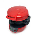 Red and black multifunctional breakfast sandwich and waffle maker with glossy finish hinged hot surface lid and front control buttons