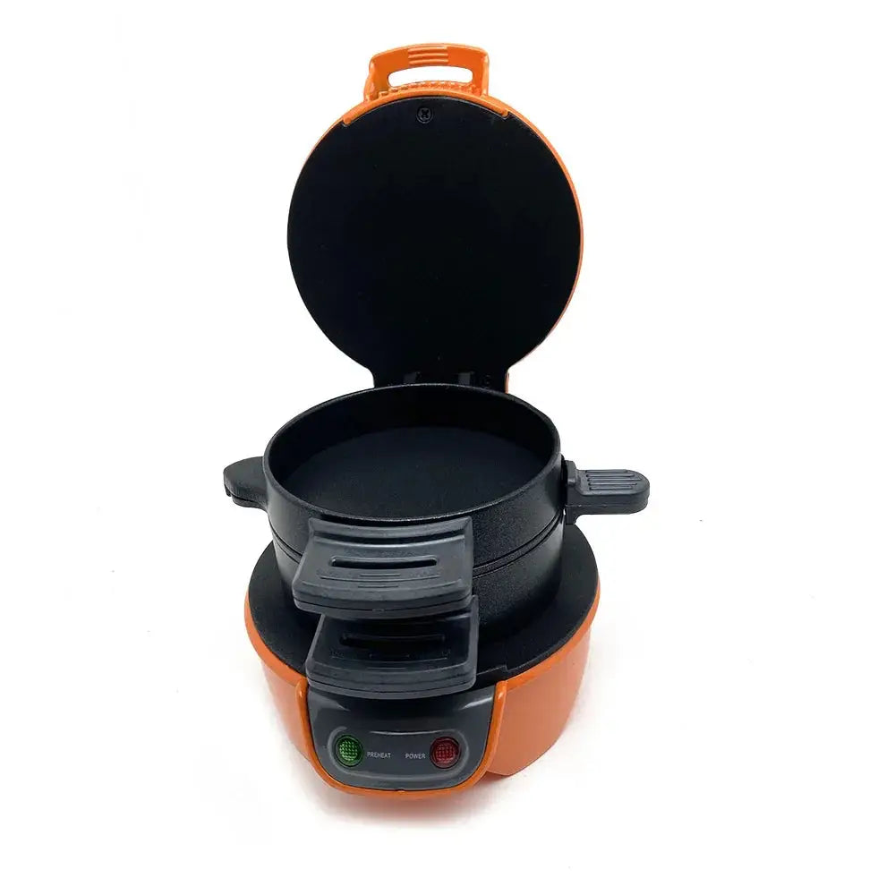 Multifunctional breakfast sandwich and waffle maker in orange and black with electric heating and top handle