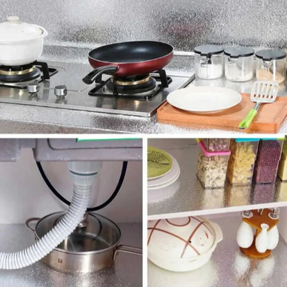 White flexible corrugated plastic drain hose positioned above a metallic pot in a complete household kitchen utensil set