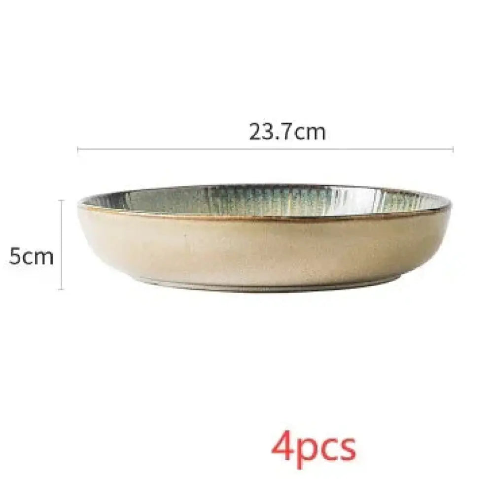 A ceramic serving bowl with beige exterior and greenish-blue glazed interior from nordic ceramic dinnerware set