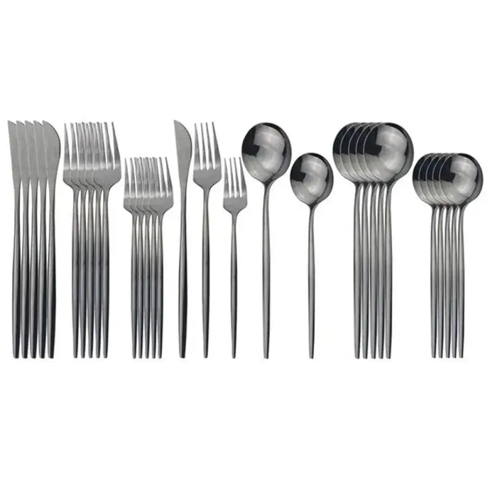 Modern matte black stainless steel flatware set with sleek minimalist design for elegant dining experiences