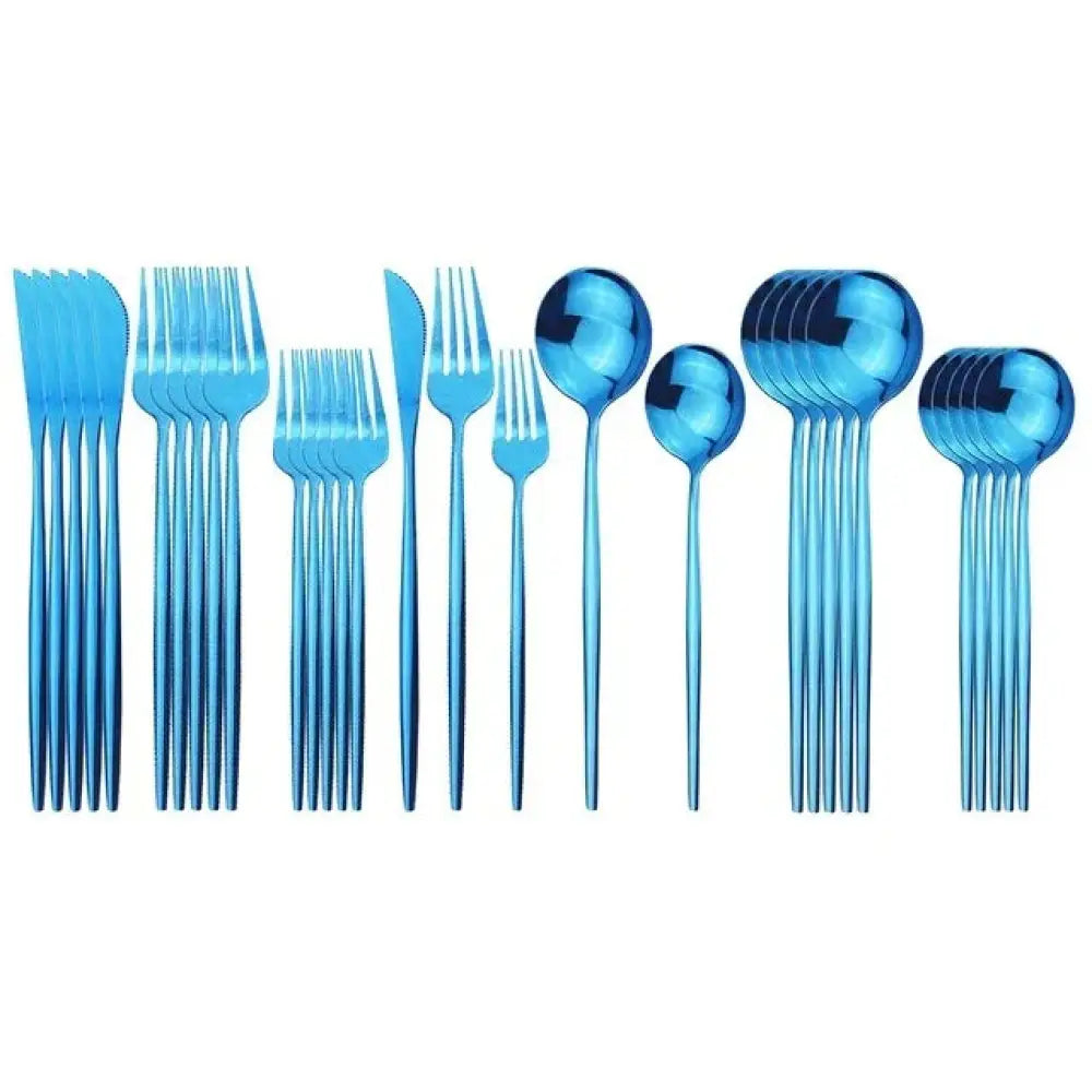 Set of modern matte blue stainless steel cutlery with sleek metallic finish and contemporary design
