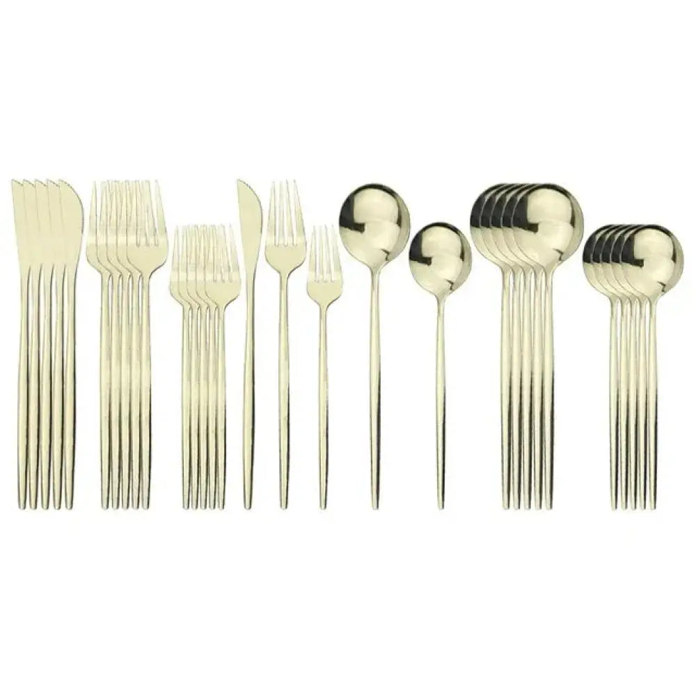 Modern matte blue stainless steel cutlery set with gold-toned flatware featuring sleek modern design and polished finish
