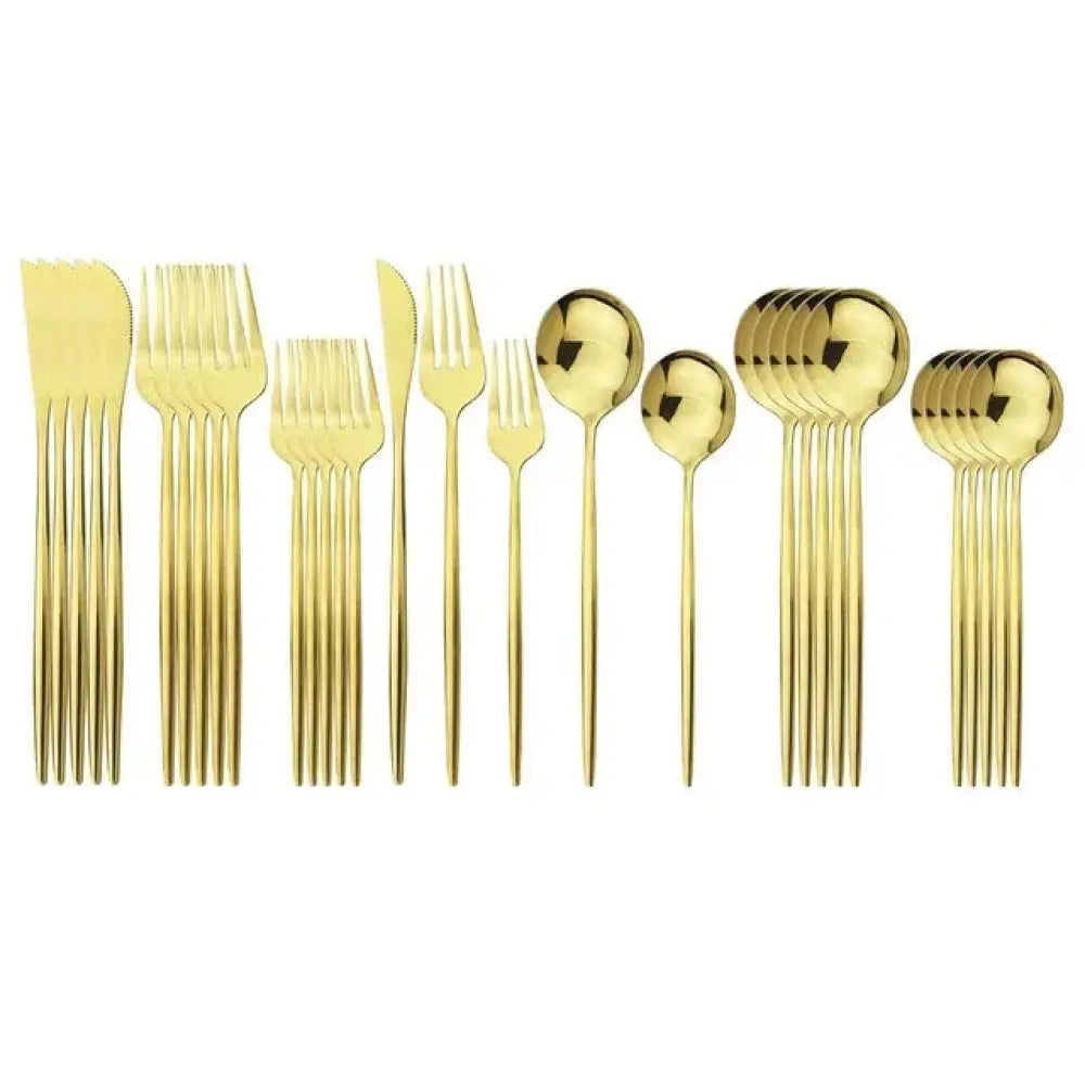 Gold-toned stainless steel cutlery set with sleek modern design and polished finish for elegant dining