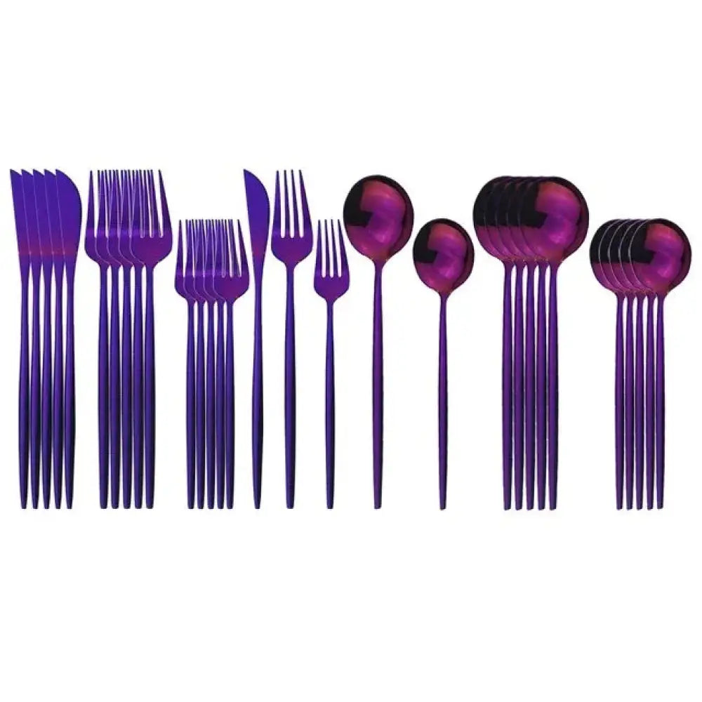 Purple metallic flatware set with sleek modern design and reflective finish in a modern matte blue stainless steel cutlery set