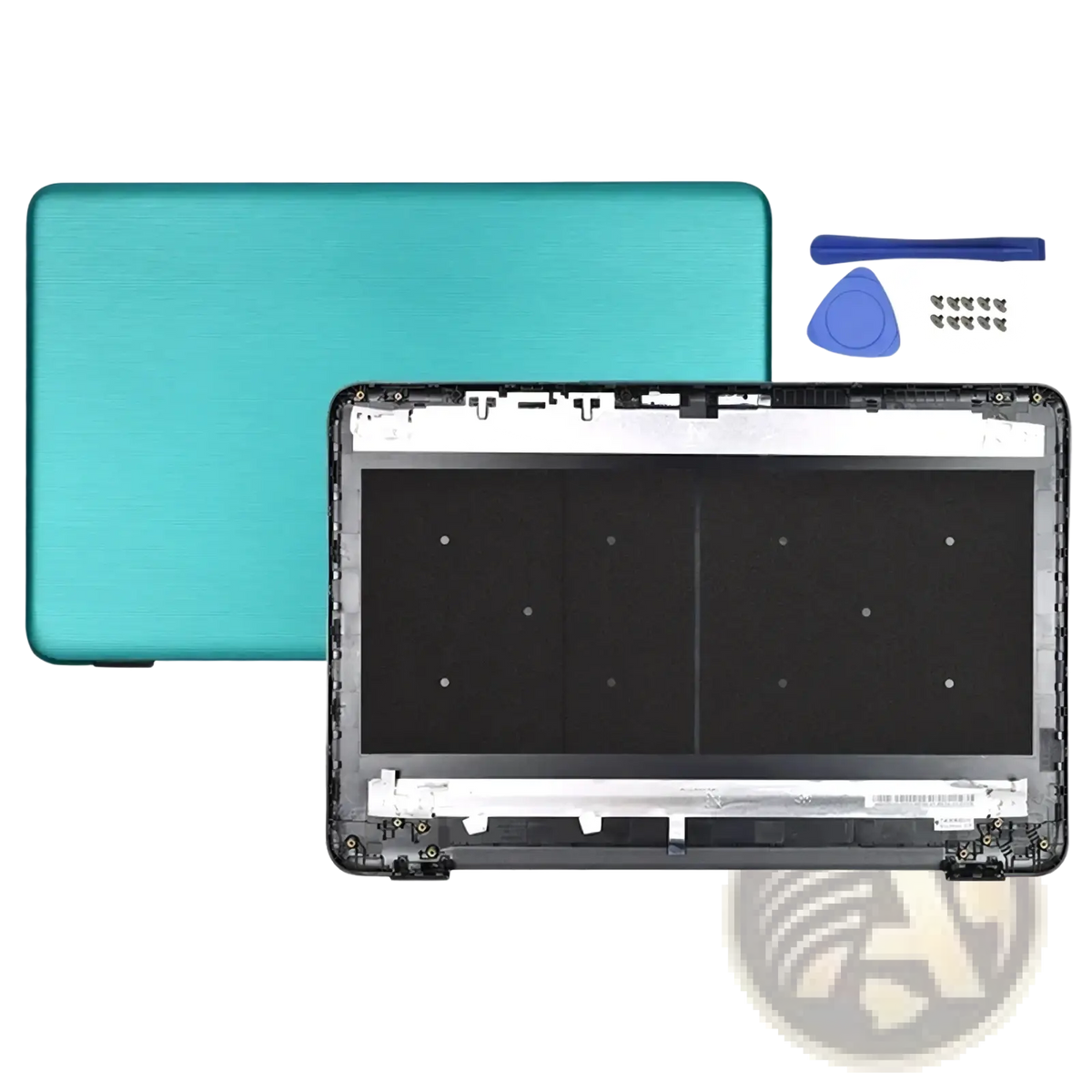 Teal-colored hp 17-x laptop lcd back cover hinges replacement showing back side with frame assembly and tools