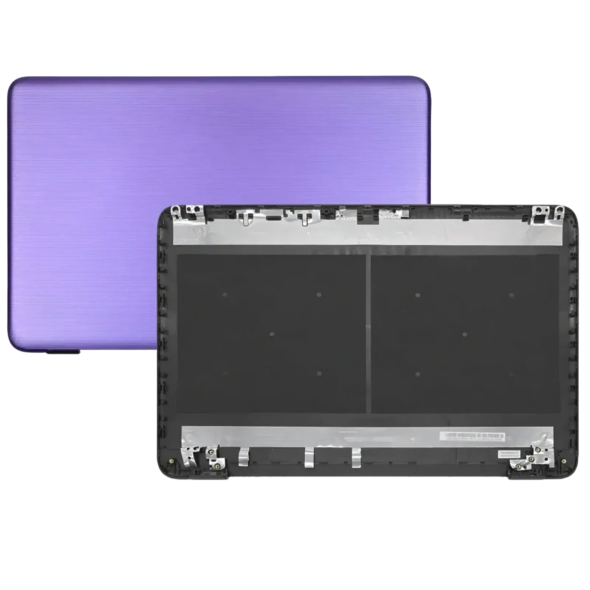 Hp 17-x lcd back cover hinges replacement showing purple textured laptop lid and black plastic chassis frame back side