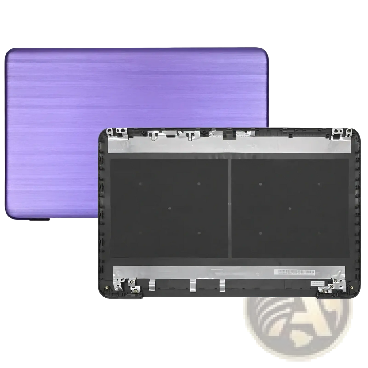 Hp 17-x lcd back cover hinges replacement showing purple textured laptop lid and black plastic chassis frame back side