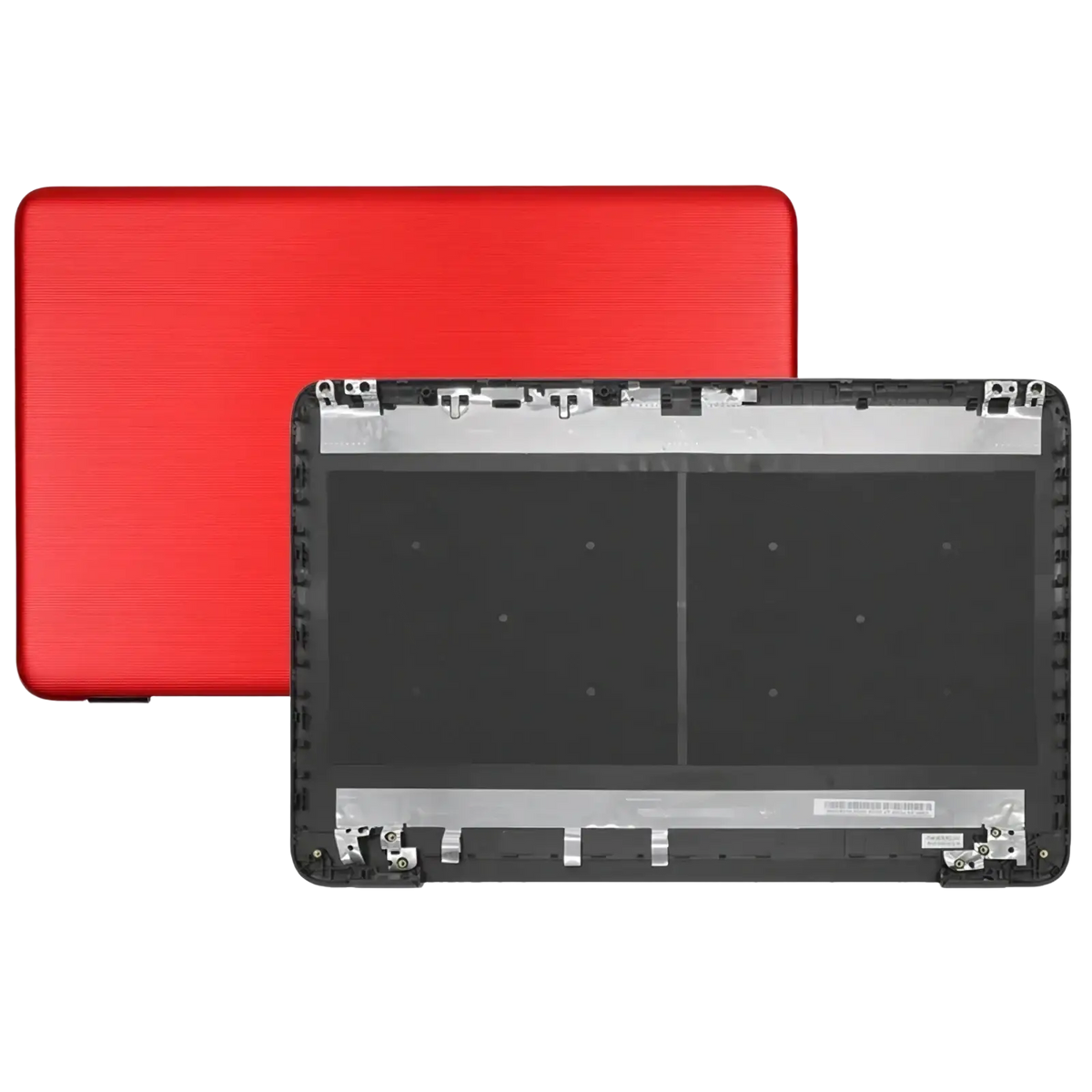 Back side of hp 17-x lcd back cover hinges replacement showing red textured lid black frame and silver metal accents
