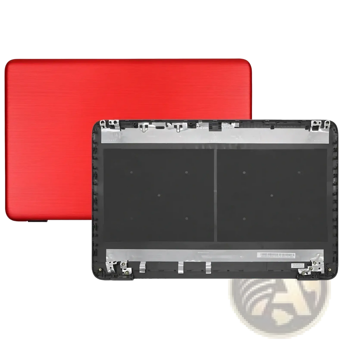 Back side of hp 17-x lcd back cover hinges replacement showing red textured lid black frame and silver metal accents