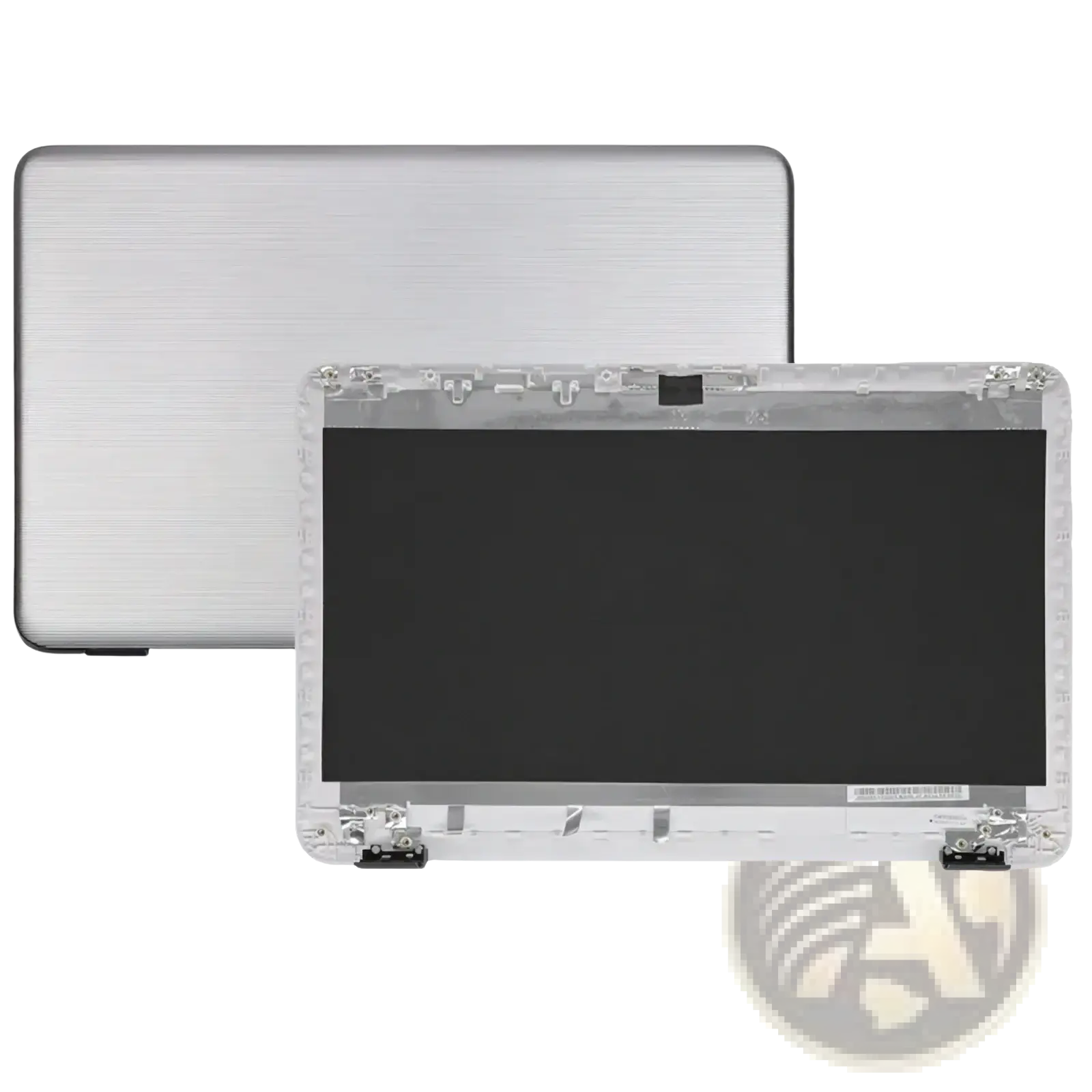 Back side of hp 17-x lcd back cover hinges replacement in silver with brushed metal finish and transparent bezel frame