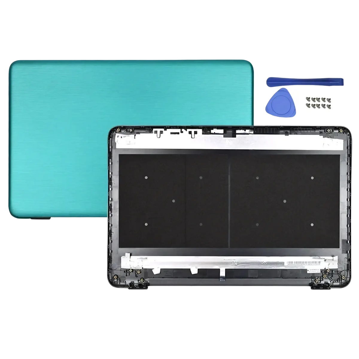 Teal-colored hp 17-x laptop lcd back cover hinges replacement showing back side with frame assembly and tools