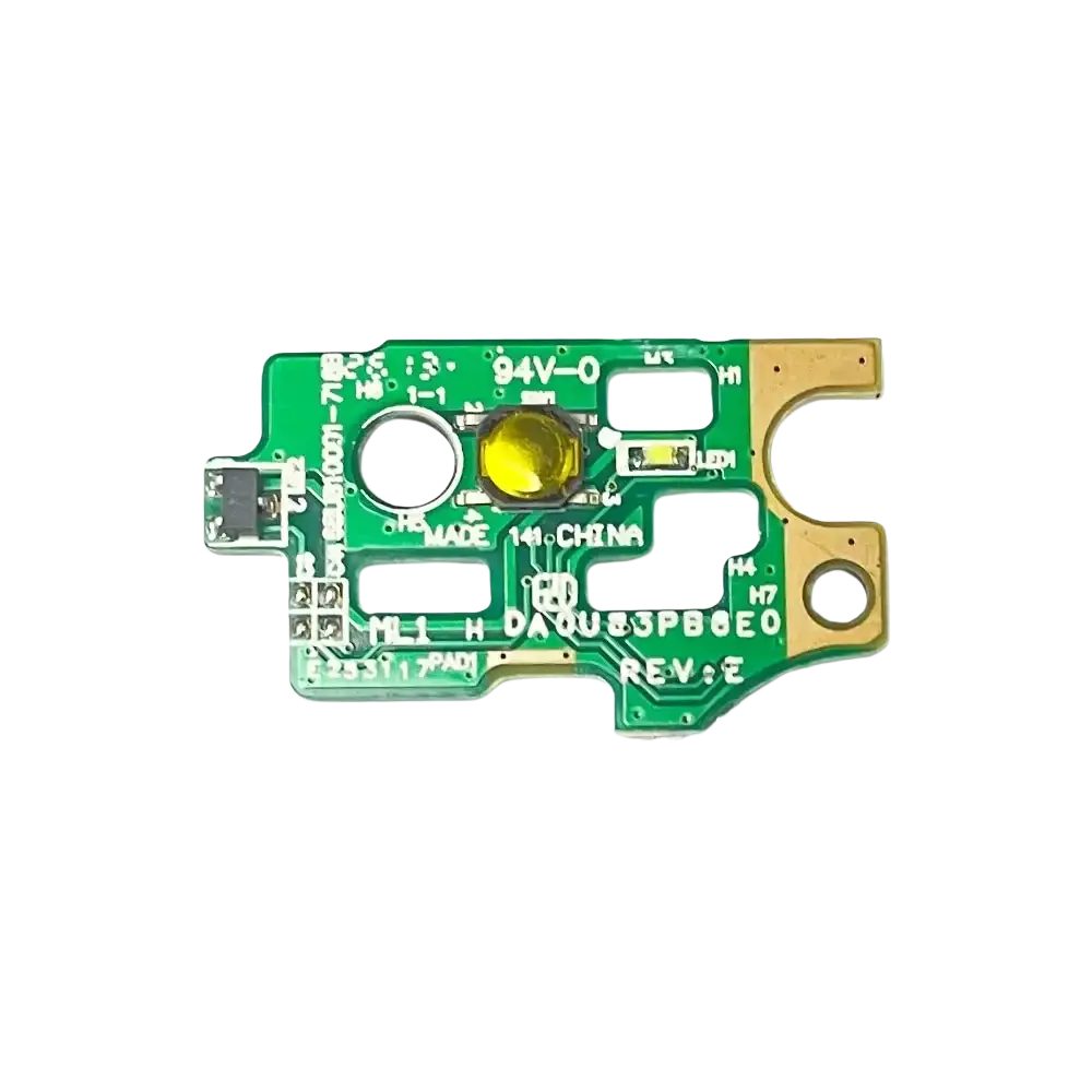 Hp pavilion power button board with cable repair part showing green circuit board with gold contacts and yellow led component