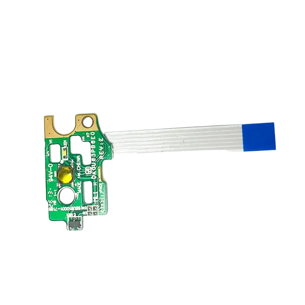 Hp pavilion power button board with cable featuring a green circuit board yellow button and blue cable cap